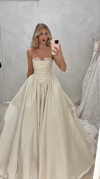 Ivory A-line Wedding Dresses Pleated Lace Bridal Dress,LTP4250