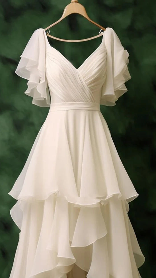 Ivory Chiffon Prom Dresses Ruffle Hi-Lo Evening Party Dress,LTP4148