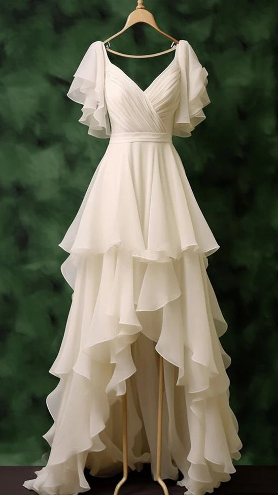 Ivory Chiffon Prom Dresses Ruffle Hi-Lo Evening Party Dress,LTP4148