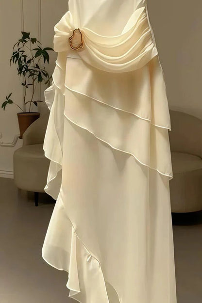 Ivory Chiffon Ruffle Party Dress Irregular Elegant Evening Prom Dress,LTP4132