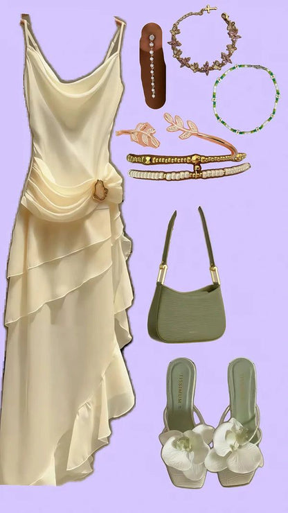 Ivory Chiffon Ruffle Party Dress Irregular Elegant Evening Prom Dress,LTP4132