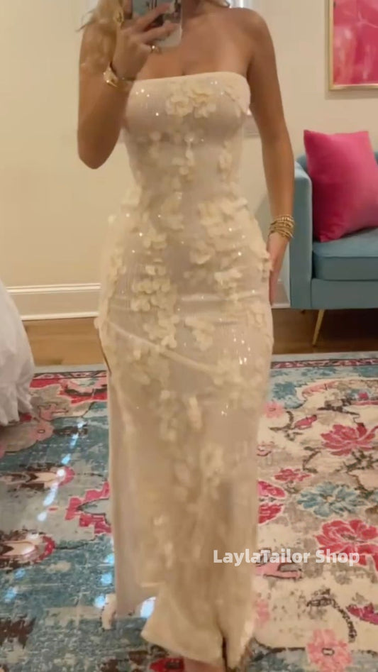 Ivory Floral Strapless Bodycon Party Dress With Side Slit,LTP3614