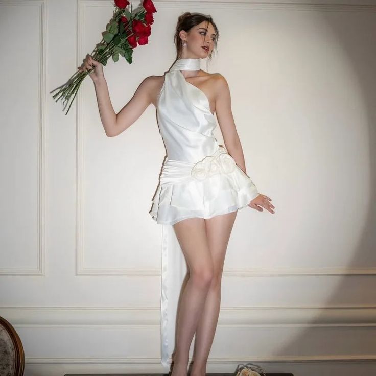 Ivory Halter Floral Homecoming Dress, Short Dance Dresses Mini School Party Dress, LTP3777