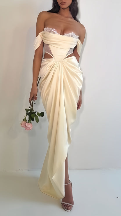 Ivory Lace Bodycon Prom Dresses Off The Shoulder Pleated Evening Party Dress,LTP4228