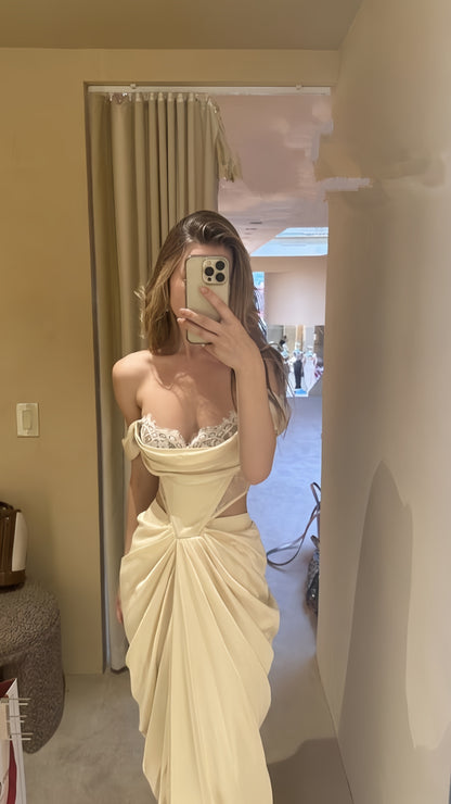 Ivory Lace Bodycon Prom Dresses Off The Shoulder Pleated Evening Party Dress,LTP4228