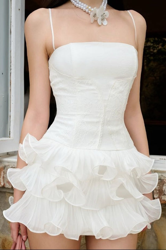 Ivory Lace Organza Homecoming Dress, Mini Party Dress, LTP3744