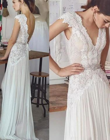 Ivory Lace V-Neck Wedding Dresses Sheath Long Bridal Dress,LTP4114