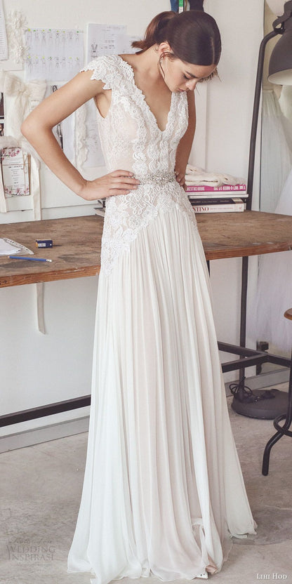 Ivory Lace V-Neck Wedding Dresses Sheath Long Bridal Dress,LTP4114