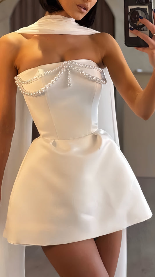 Ivory Pearl Beaded Homecoming Dresses Strapless Wedding Party Dress,LTP3831