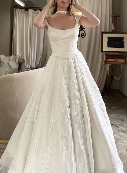 Ivory Pleated A-line Wedding Dresses, Sleeveless Bridal Gown, LTP3760