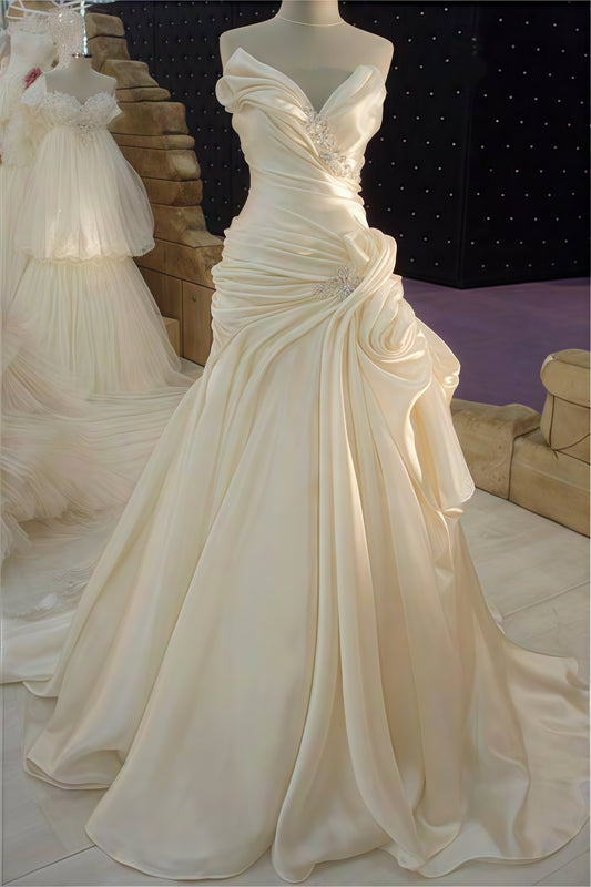 Ivory Sleeveless Wedding Dress, Natural Pleated Beaded Bridal Gown,LTP3693