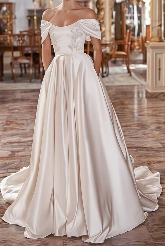 Ivory A-Line Satin Wedding Dresses High Quality Appliques Bridal Dress,LTP3544