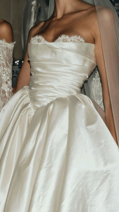Ivory A-line Wedding Dresses Pleated Lace Bridal Dress,LTP4250