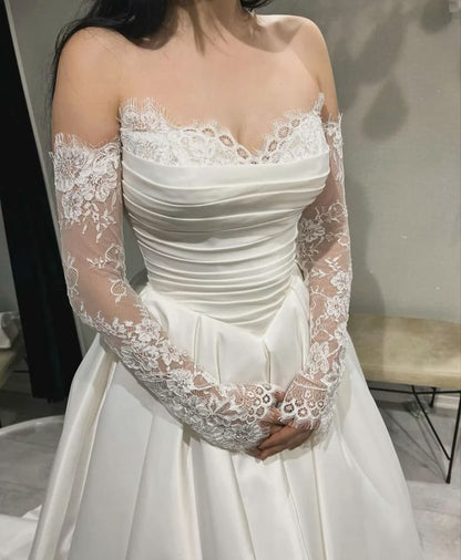 Ivory A-line Wedding Dresses Pleated Lace Bridal Dress,LTP4250