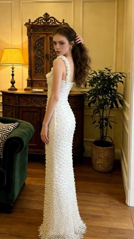 Ivory Pearl Beaded Bodycon Long Prom Dresses Birthday Party Dress,LTP4410