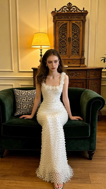 Ivory Pearl Beaded Bodycon Long Prom Dresses Birthday Party Dress,LTP4410