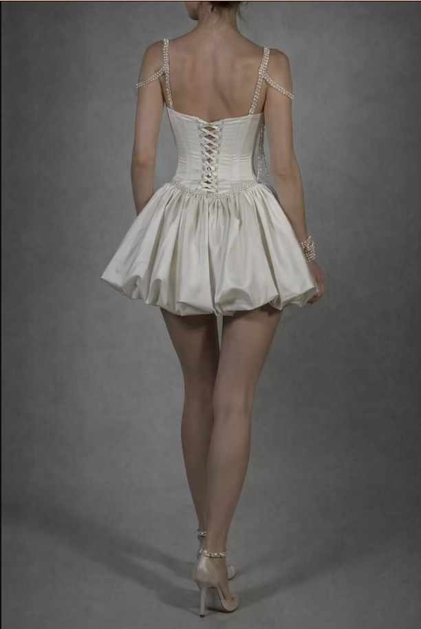 Ivory Pearl Satin Homecoming Dress - A-Line Mini Prom Bridal Dress