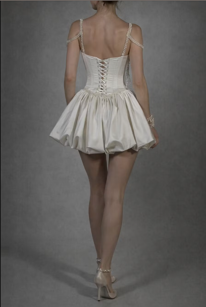 Ivory Pearl Satin Homecoming Dress - A-Line Mini Prom Bridal Dress
