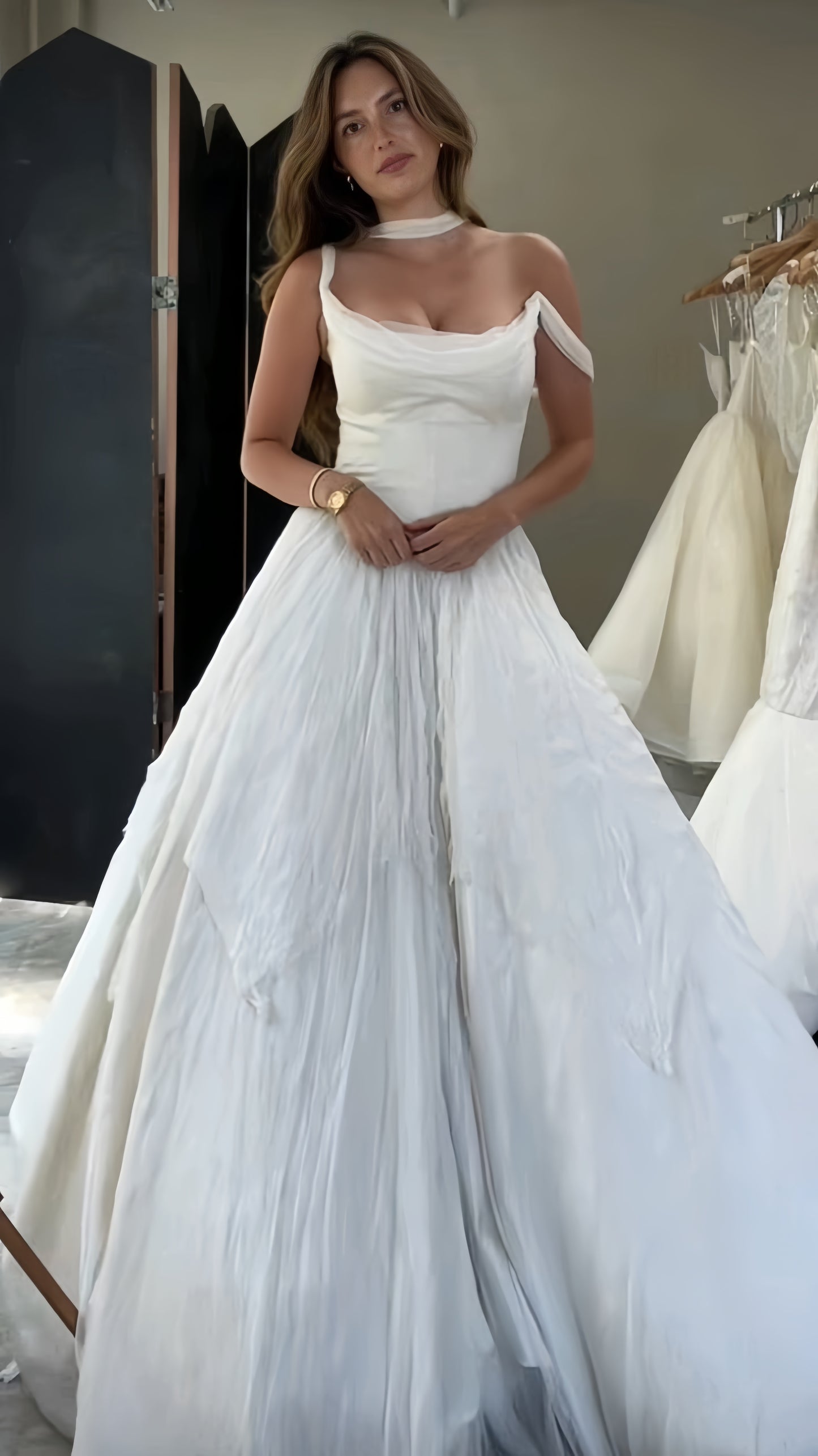 Ivory Pleated A-line Wedding Dresses, Sleeveless Bridal Gown, LTP3760