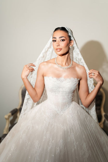 Ivory Strapless Tulle Lace Wedding Dress Elegant Bridal Wedding Gown,LTP4290