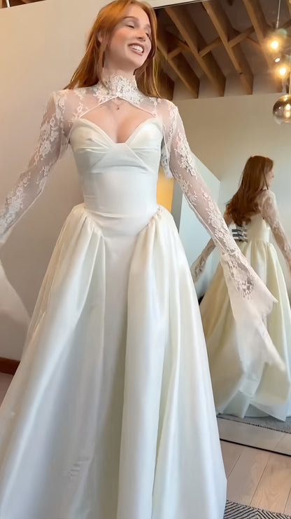 Ivory Wedding Dresses A-line Satin Lace Bridal Wedding Gown,LTP4245