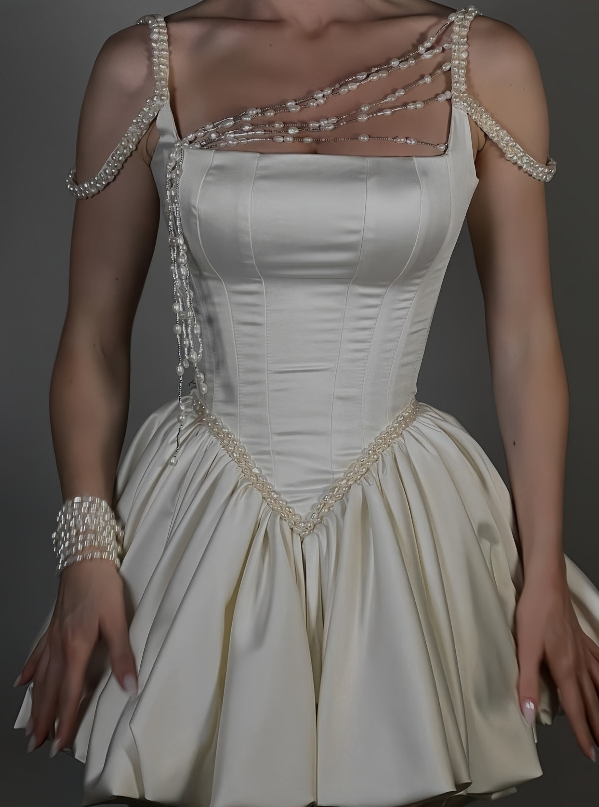 Ivory pearl satin homecoming dress A-line mini bridal dress front view