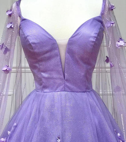 Lilac A-Line Tulle 3D Floral Prom Dresses