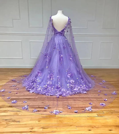 Lilac A-Line Tulle 3D Floral Prom Dresses