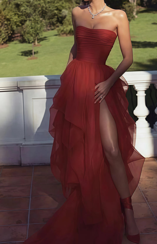 LTP0611,Red Tulle Prom Dresses Strapless Ruffle Evening Dress Red Prom Dress