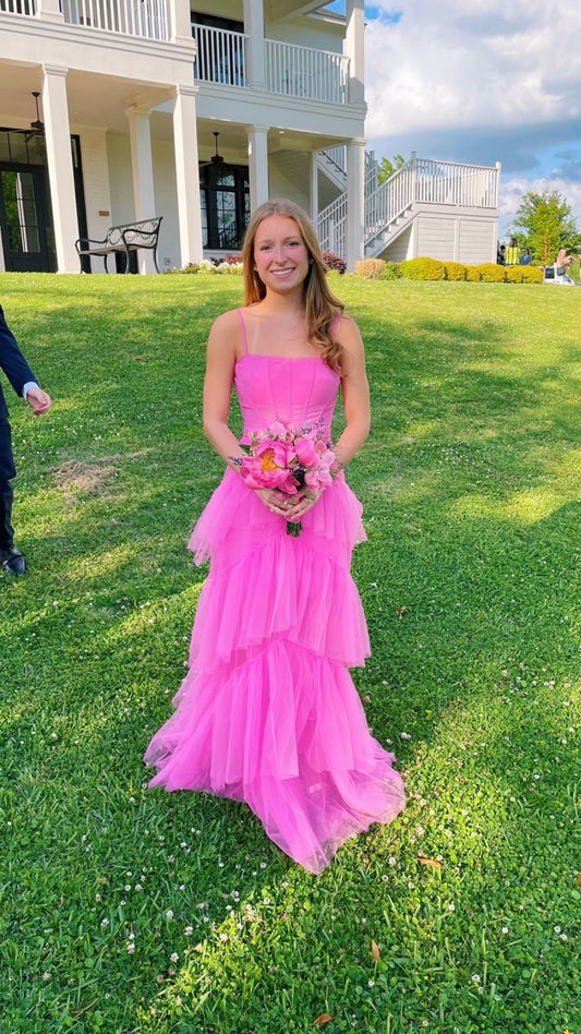 LTP0656,Pink spaghetti straps tulle long prom dress evening dresses ruffles full length dresses