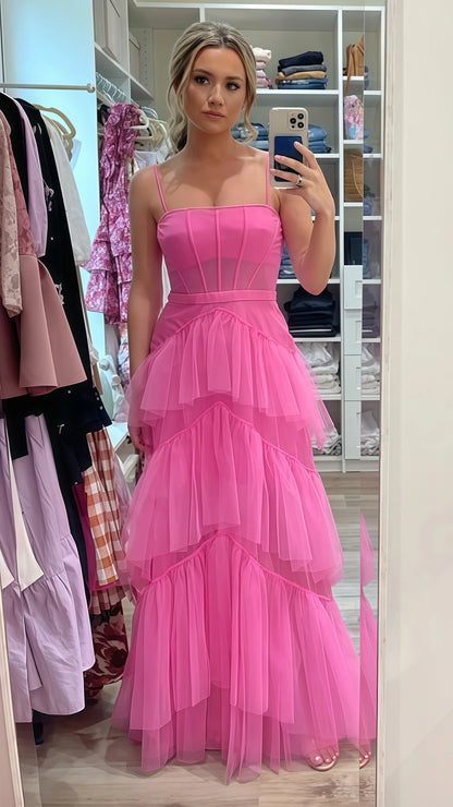 LTP0656,Pink spaghetti straps tulle long prom dress evening dresses ruffles full length dresses