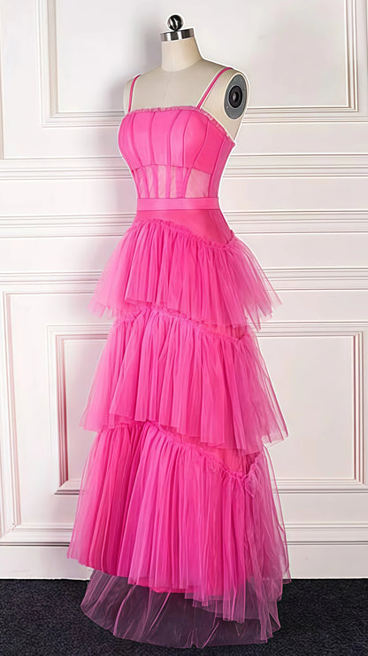 LTP0656,Pink spaghetti straps tulle long prom dress evening dresses ruffles full length dresses