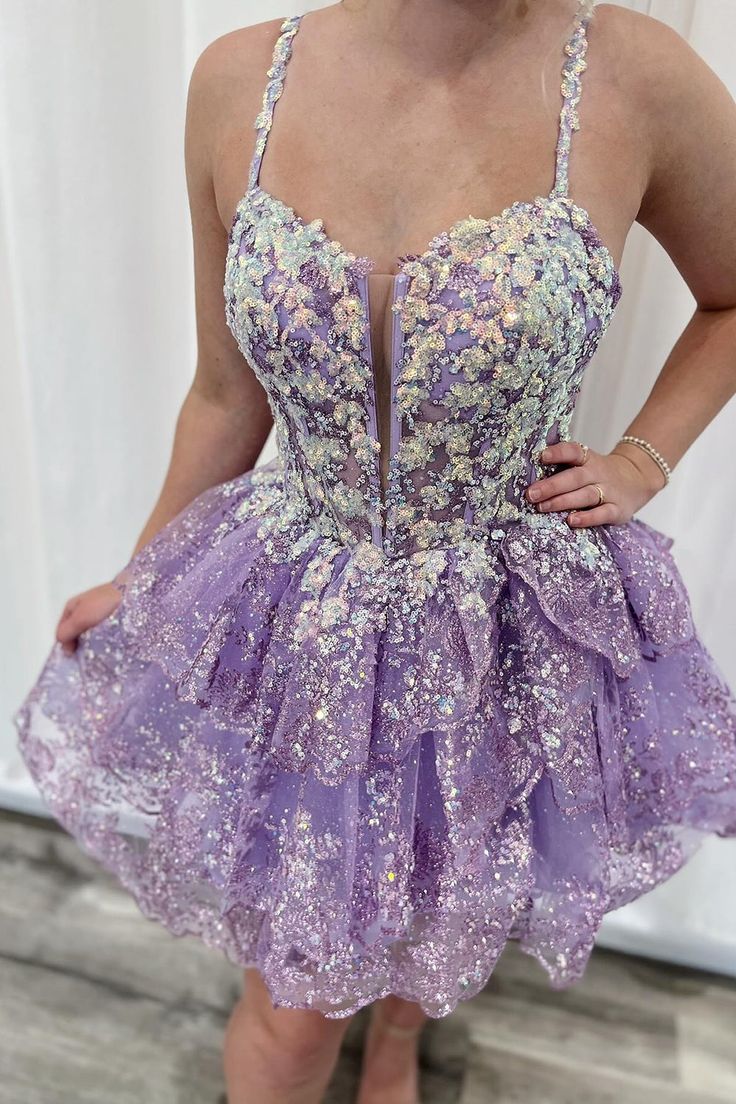 Lavender Floral Lace Homecoming Dresses Ruffle Mini Party Gown, LTP3262