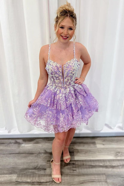 Lavender Floral Lace Homecoming Dresses Ruffle Mini Party Gown, LTP3262