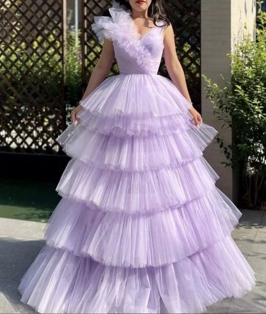 Lavender A-Line Tiered Ruffles Long Prom Dress