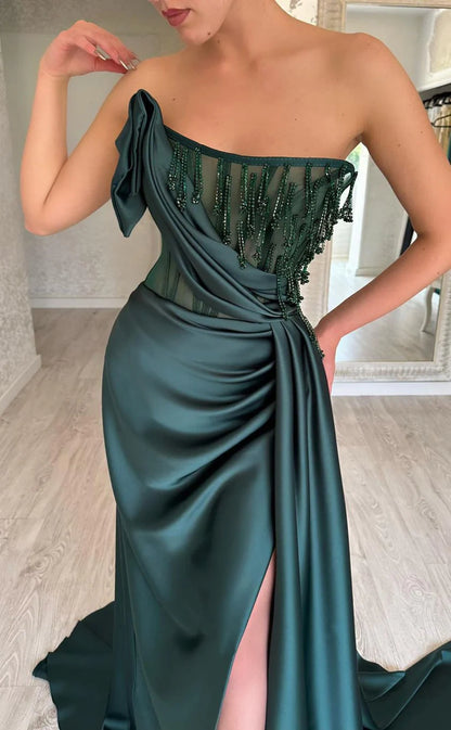 High Quality Dark Green Beaded Prom Dress With Slit