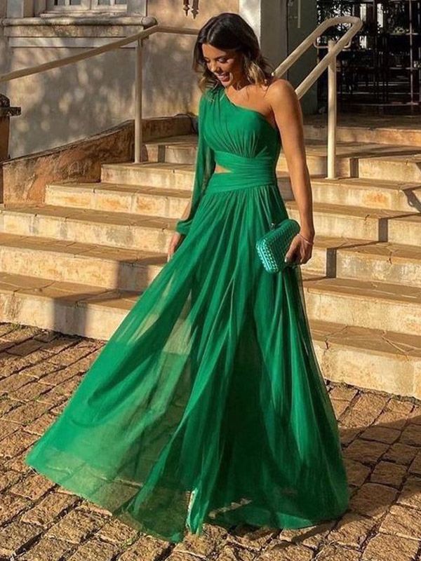 One Shoulder Green Chiffon Long Prom Dresses