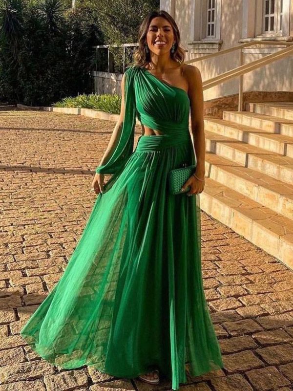 One Shoulder Green Chiffon Long Prom Dresses