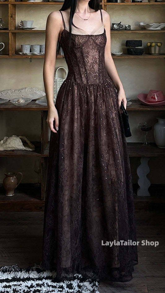 LaylaTailor Shop Elegant Brown Spaghetti Straps Lace Senior Prom Dresses, LTP3604