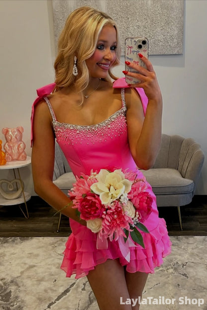 LaylaTailor Shop Hot Pink Beaded Homecoming Dresses With Chiffon Ruffles Hem LTP82687