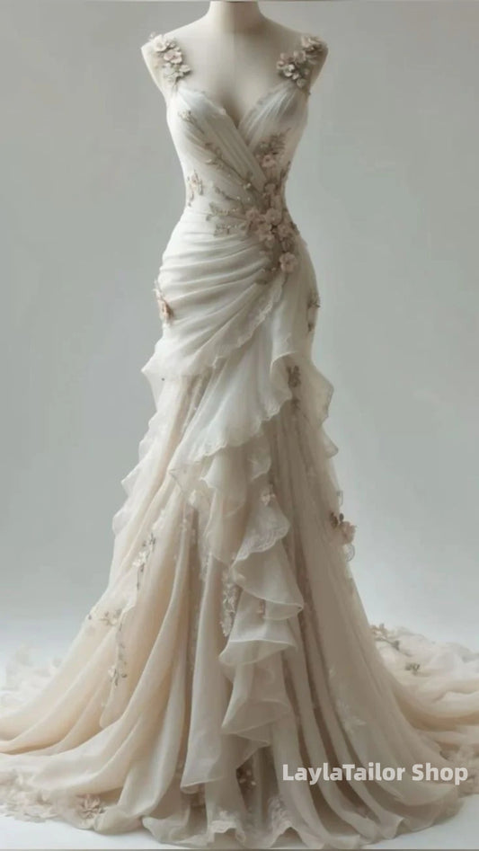LaylaTailor Shop Ivory Vintage Floral Long Tulle Ball Gown Wedding Dress,LTP3684