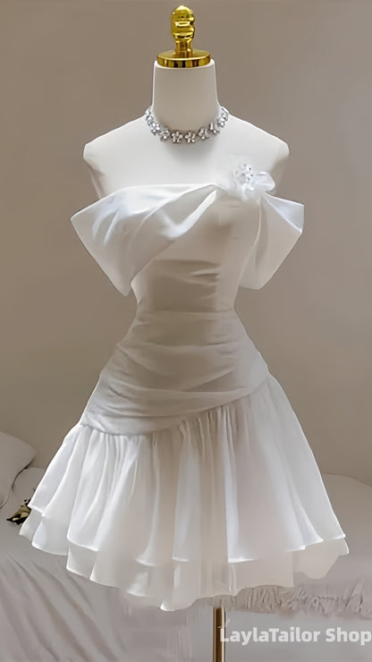LaylaTailor Shop Off The Shoulder White Rutched Short Homecoming Dress,LTP3696
