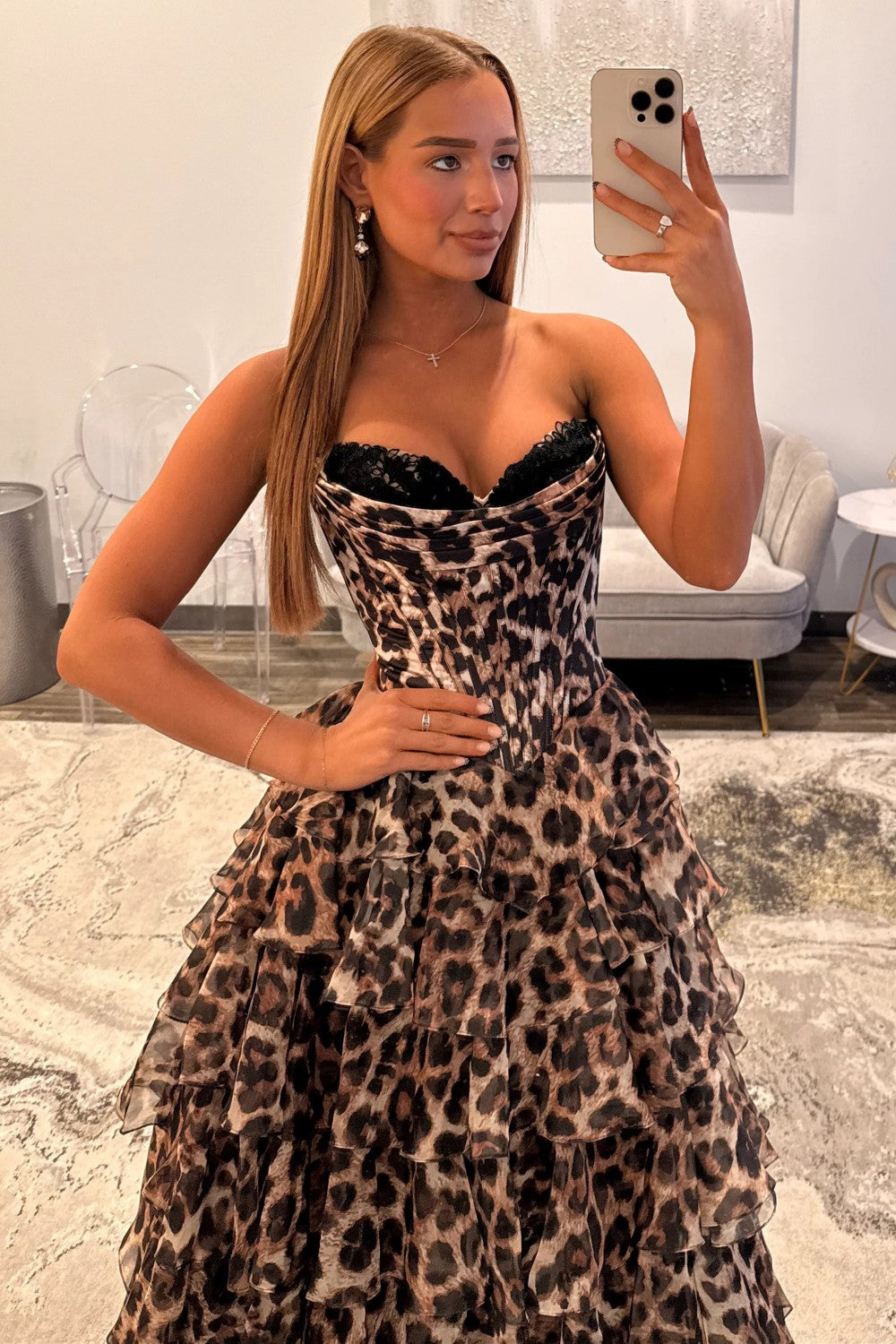 Bold Leopard Sweetheart Corset Prom Dress with Layered Ruffle Skirt
