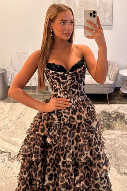Bold Leopard Sweetheart Corset Prom Dress with Layered Ruffle Skirt