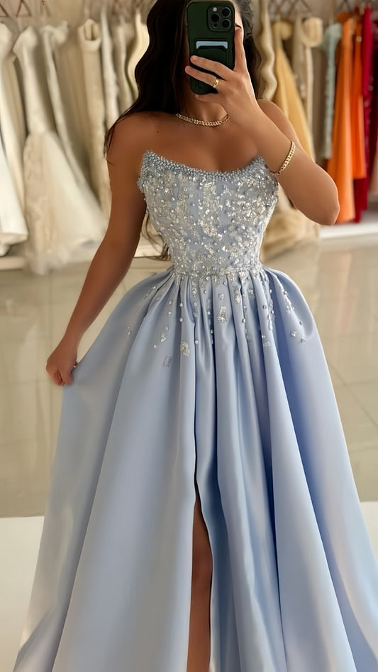 Light Blue Beaded Long Prom Dresses Ball Gown Evening Party Dress With Slit,LTP4038