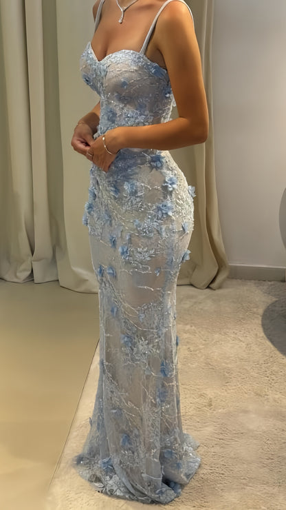 Light Blue Floral Mermaid Prom Dresses Spaghetti Straps Evening Party Dress,LTP4080