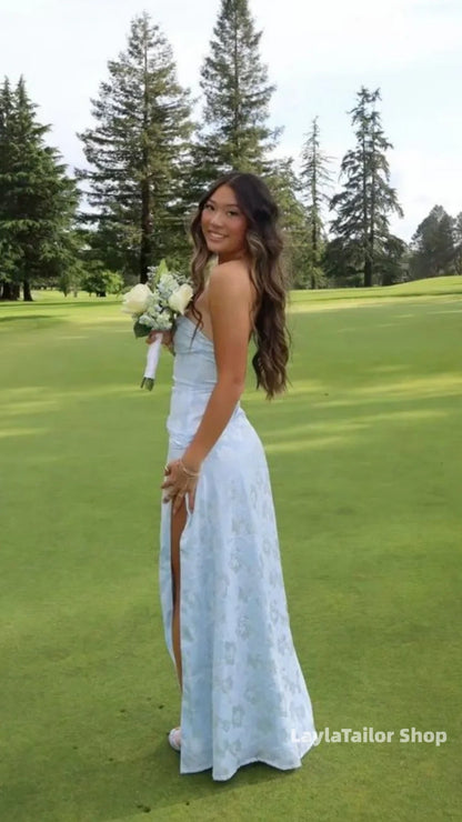Light Blue Floral Prom Dresses Jacquard Bodycon Party Dress With Slit,LTP4515