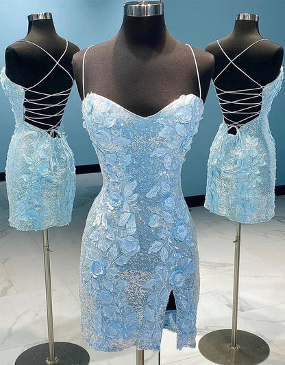 Light Blue Floral Sequin Homecoming Dresses Mini Party Gown, LTP2953