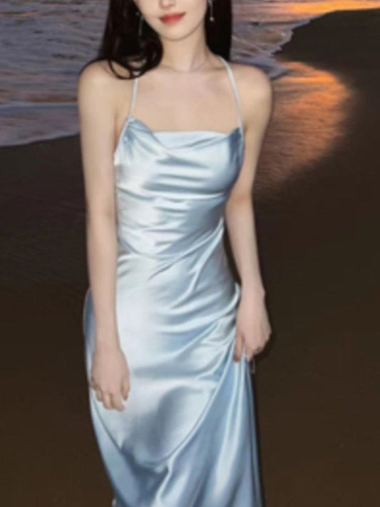 Light Blue Halter Prom Dresses Slim Long Evening Party Dress,LTP4145