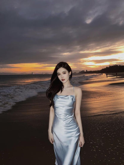 Light Blue Halter Prom Dresses Slim Long Evening Party Dress,LTP4145